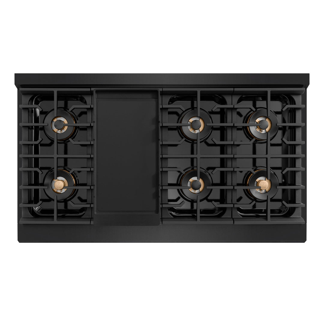 ZLINE Autograph Edition 48 in. 6.7 cu. ft. Paramount Dual Fuel Range with 8 Burner DuoProâ„¢ Cooktop and Dual Ovens in Black Stainless Steel with Champagne Bronze Helix Handles and Accents (PSDRBZ-48-KCB)