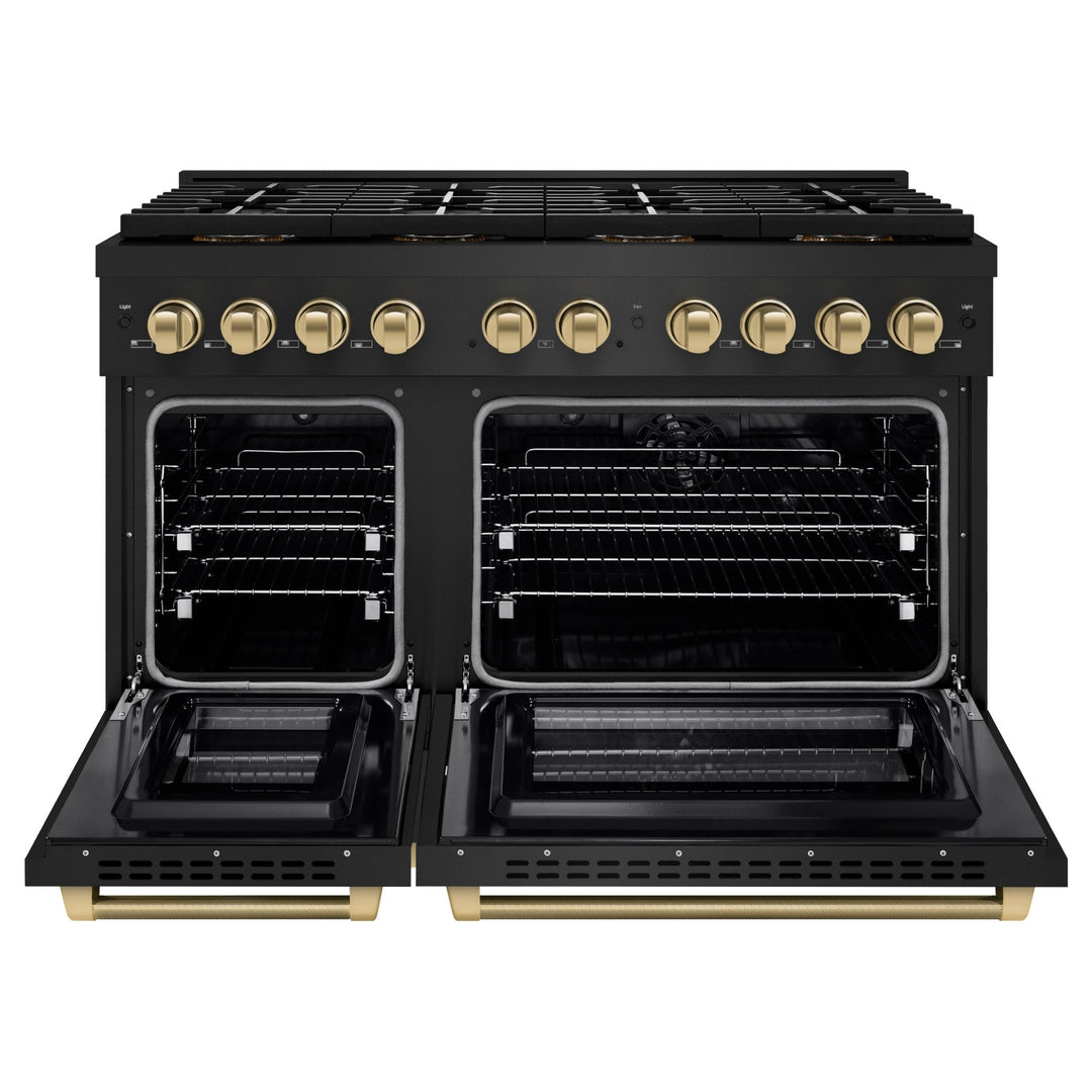 ZLINE Autograph Edition 48 in. 6.7 cu. ft. Paramount Dual Fuel Range with 8 Burner DuoProâ„¢ Cooktop and Dual Ovens in Black Stainless Steel with Champagne Bronze Helix Handles and Accents (PSDRBZ-48-KCB)