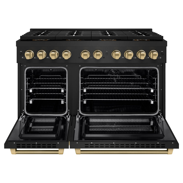 ZLINE Autograph Edition 48 in. 6.7 cu. ft. Paramount Dual Fuel Range with 8 Burner DuoProâ„¢ Cooktop and Dual Ovens in Black Stainless Steel with Champagne Bronze Helix Handles and Accents (PSDRBZ-48-KCB)
