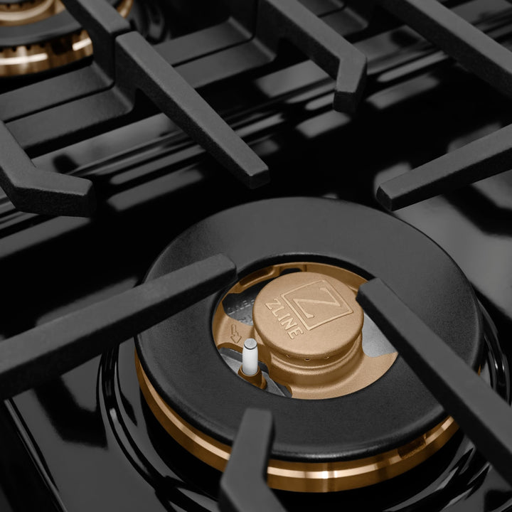 ZLINE Autograph Edition 48 in. 6.7 cu. ft. Paramount Dual Fuel Range with 8 Burner DuoProâ„¢ Cooktop and Dual Ovens in Black Stainless Steel with Champagne Bronze Helix Handles and Accents (PSDRBZ-48-KCB)