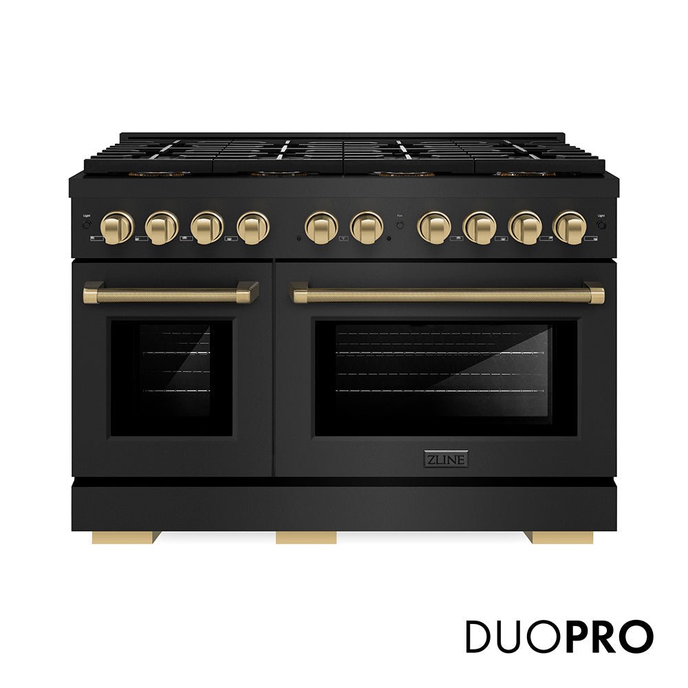 ZLINE Autograph Edition 48 in. 6.7 cu. ft. Paramount Dual Fuel Range with 8 Burner DuoProâ„¢ Cooktop and Dual Ovens in Black Stainless Steel with Champagne Bronze Helix Handles and Accents (PSDRBZ-48-KCB)