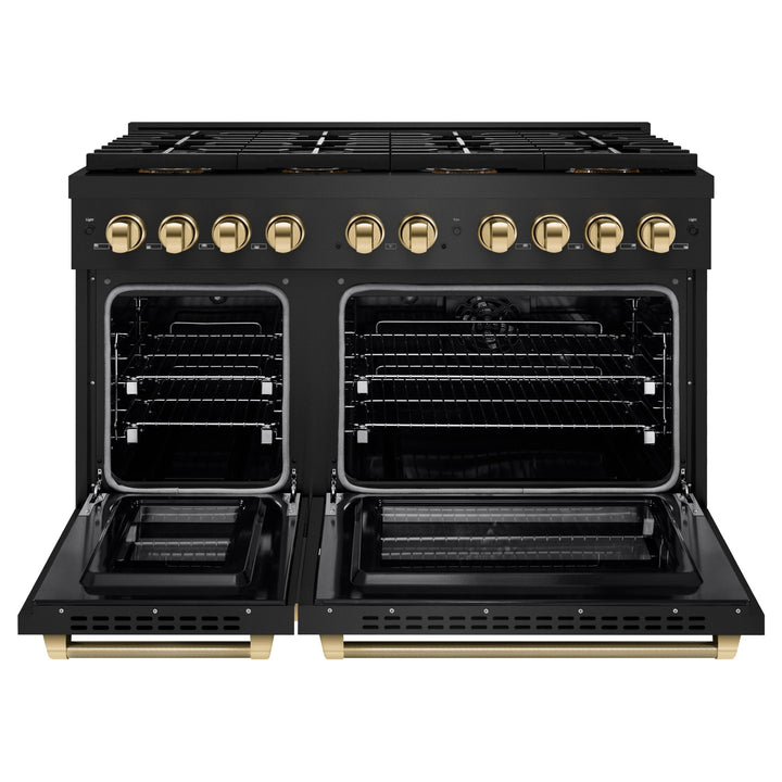 ZLINE Autograph Edition 48 in. 6.7 cu. ft. Paramount Dual Fuel Range with 8 Burner DuoProâ„¢ Cooktop and Dual Ovens in Black Stainless Steel with Polished Gold Helix Handles and Accents (PSDRBZ-48-KG)