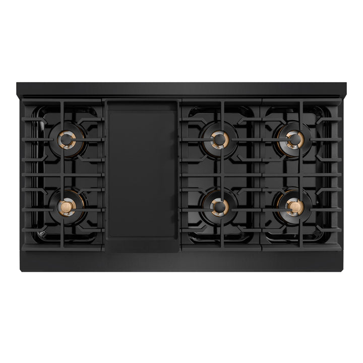 ZLINE Autograph Edition 48 in. 6.7 cu. ft. Paramount Dual Fuel Range with 8 Burner DuoProâ„¢ Cooktop and Dual Ovens in Black Stainless Steel with Polished Gold Helix Handles and Accents (PSDRBZ-48-KG)