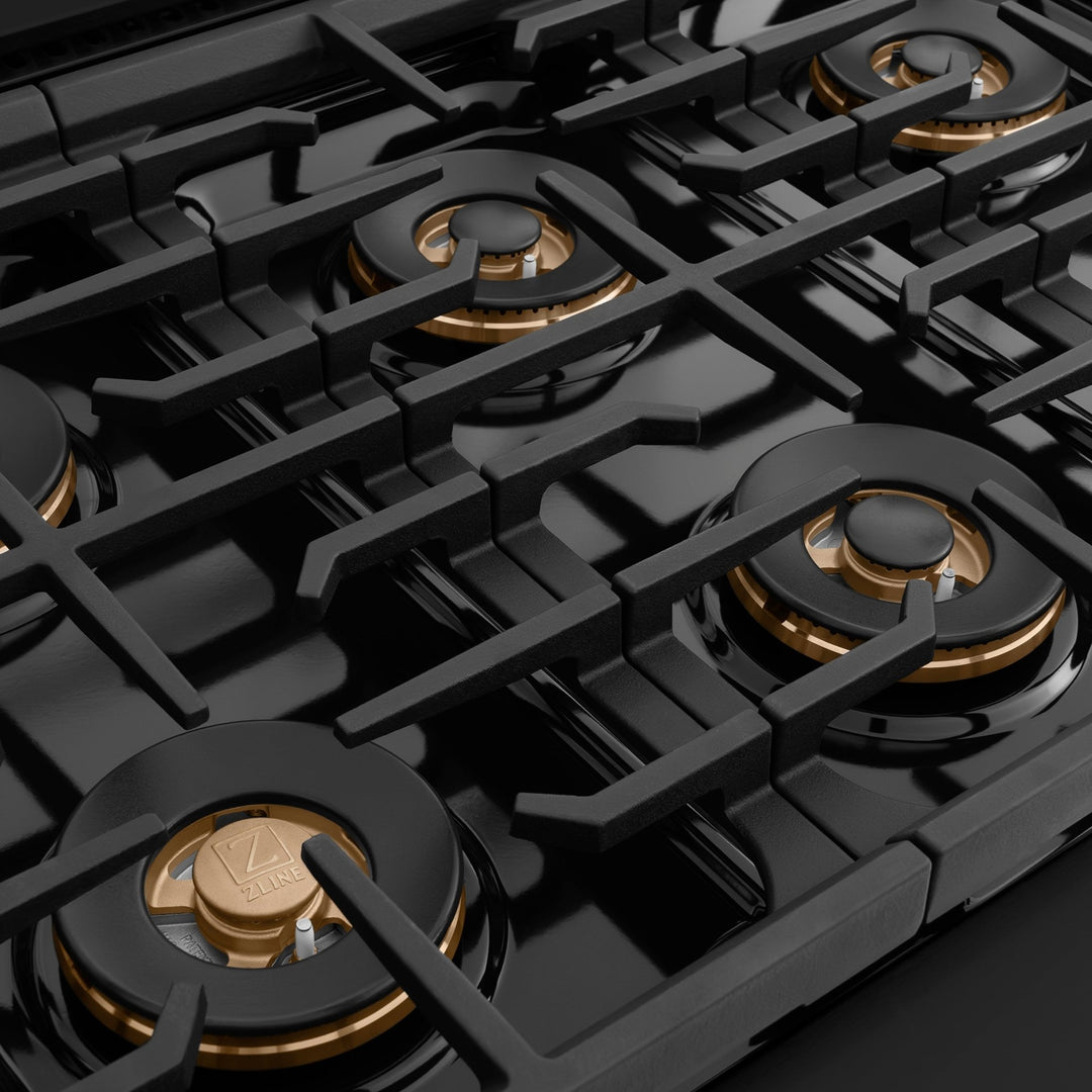 ZLINE Autograph Edition 48 in. 6.7 cu. ft. Paramount Dual Fuel Range with 8 Burner DuoProâ„¢ Cooktop and Dual Ovens in Black Stainless Steel with Polished Gold Helix Handles and Accents (PSDRBZ-48-KG)