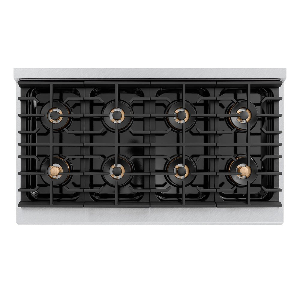 ZLINE Autograph Edition 48 in. 6.7 cu. ft. Paramount Dual Fuel Range with 8 Burner DuoProâ„¢ Cooktop and Dual Ovens in Satin Stainless Steel and Champagne Bronze Accents (PSDRSZ-48-CB)
