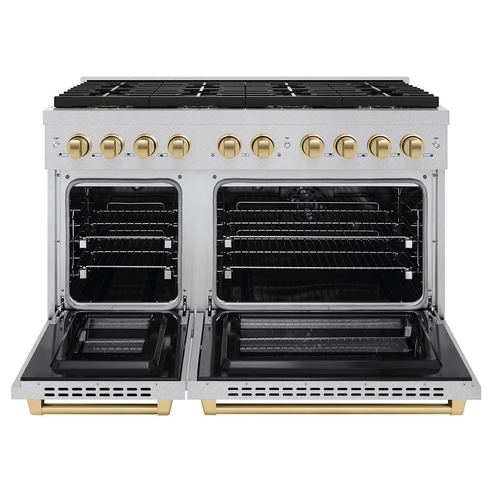 ZLINE Autograph Edition 48 in. 6.7 cu. ft. Paramount Dual Fuel Range with 8 Burner DuoProâ„¢ Cooktop and Dual Ovens in Satin Stainless Steel and Champagne Bronze Accents (PSDRSZ-48-CB)
