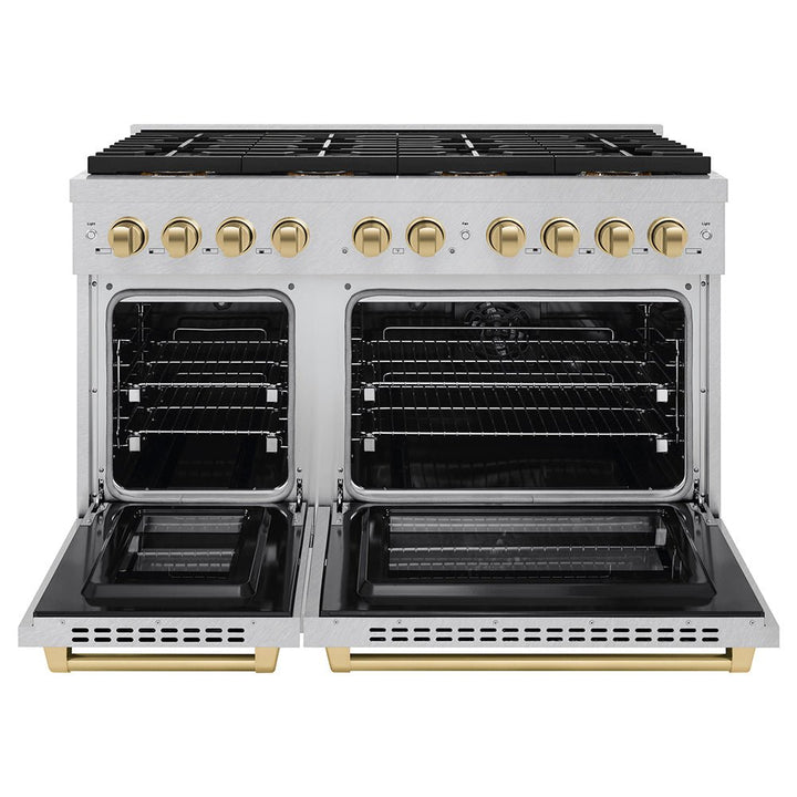 ZLINE Autograph Edition 48 in. 6.7 cu. ft. Paramount Dual Fuel Range with 8 Burner DuoProâ„¢ Cooktop and Dual Ovens in Satin Stainless Steel and Champagne Bronze Accents (PSDRSZ-48-CB)