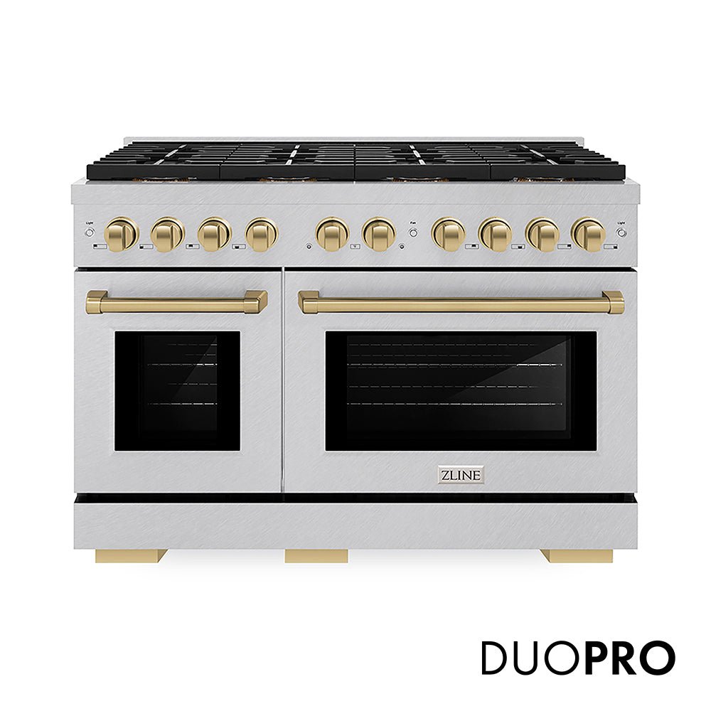 ZLINE Autograph Edition 48 in. 6.7 cu. ft. Paramount Dual Fuel Range with 8 Burner DuoProâ„¢ Cooktop and Dual Ovens in Satin Stainless Steel and Champagne Bronze Accents (PSDRSZ-48-CB)