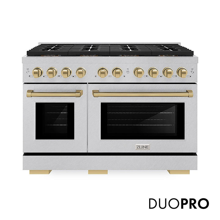 ZLINE Autograph Edition 48 in. 6.7 cu. ft. Paramount Dual Fuel Range with 8 Burner DuoProâ„¢ Cooktop and Dual Ovens in Satin Stainless Steel and Champagne Bronze Accents (PSDRSZ-48-CB)