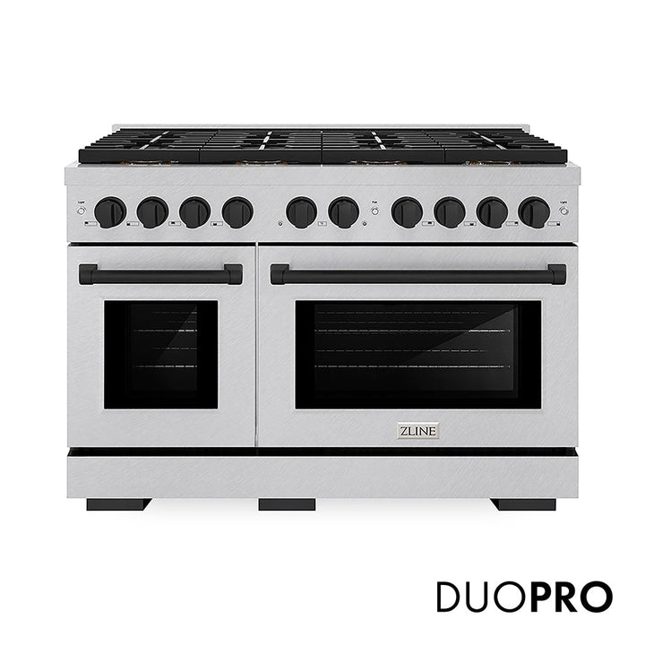 ZLINE Autograph Edition 48 in. 6.7 cu. ft. Paramount Dual Fuel Range with 8 Burner DuoProâ„¢ Cooktop and Dual Ovens in Satin Stainless Steel and Matte Black Accents (PSDRSZ-48-MB)
