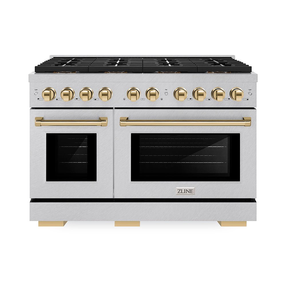 ZLINE Autograph Edition 48 in. 6.7 cu. ft. Paramount Dual Fuel Range with 8 Burner DuoProâ„¢ Cooktop and Dual Ovens in Satin Stainless Steel and Polished Gold Accents (PSDRSZ-48-G)