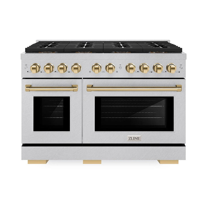ZLINE Autograph Edition 48 in. 6.7 cu. ft. Paramount Dual Fuel Range with 8 Burner DuoProâ„¢ Cooktop and Dual Ovens in Satin Stainless Steel and Polished Gold Accents (PSDRSZ-48-G)