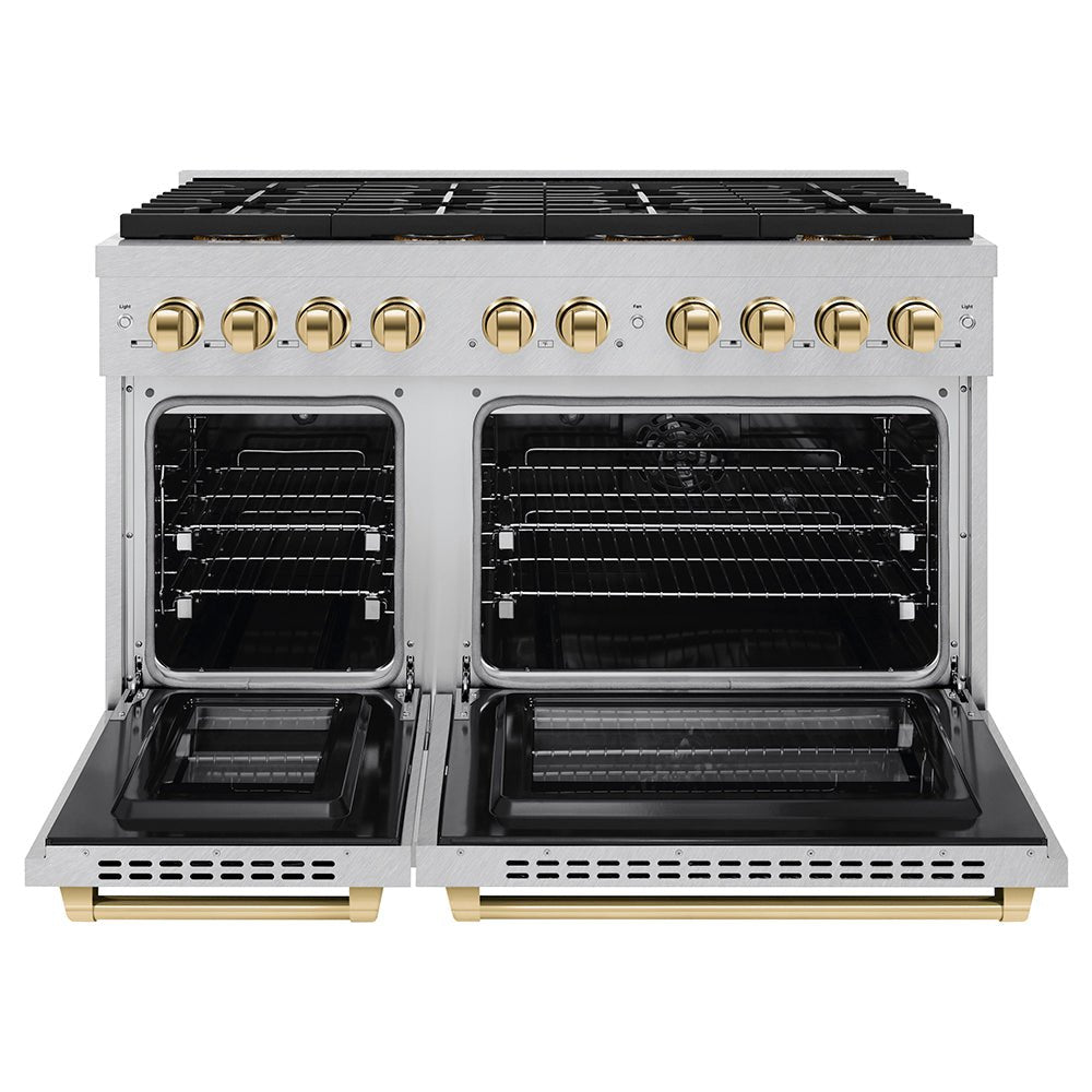 ZLINE Autograph Edition 48 in. 6.7 cu. ft. Paramount Dual Fuel Range with 8 Burner DuoProâ„¢ Cooktop and Dual Ovens in Satin Stainless Steel and Polished Gold Accents (PSDRSZ-48-G)