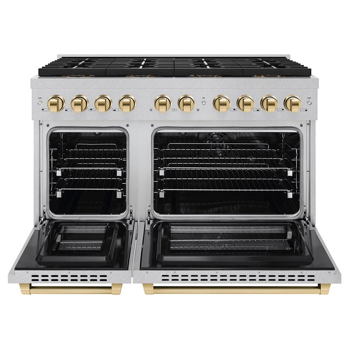 ZLINE Autograph Edition 48 in. 6.7 cu. ft. Paramount Dual Fuel Range with 8 Burner DuoProâ„¢ Cooktop and Dual Ovens in Satin Stainless Steel and Polished Gold Accents (PSDRSZ-48-G)