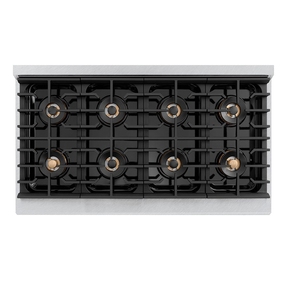 ZLINE Autograph Edition 48 in. 6.7 cu. ft. Paramount Dual Fuel Range with 8 Burner DuoProâ„¢ Cooktop and Dual Ovens in Satin Stainless Steel with Black Matte Doors and Polished Gold Accents (PSDRSZ-BLM48-G)