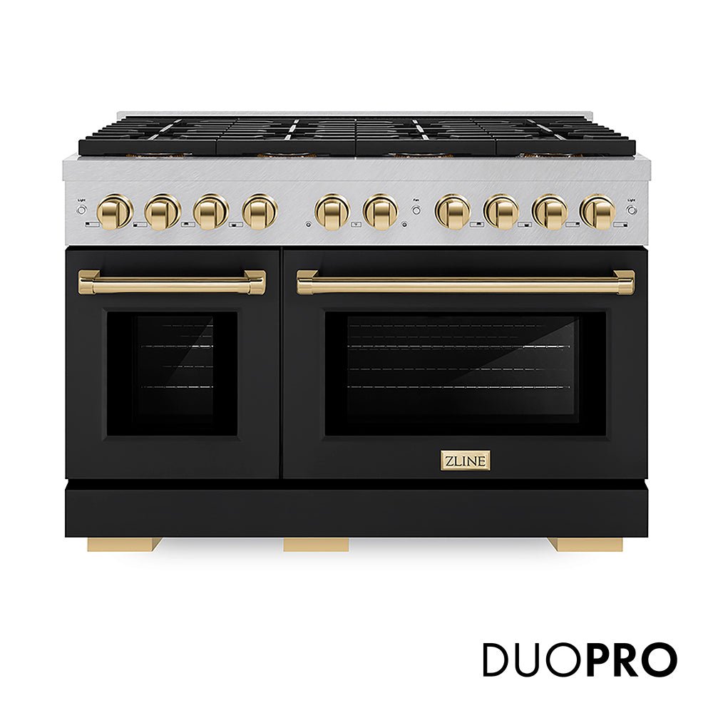 ZLINE Autograph Edition 48 in. 6.7 cu. ft. Paramount Dual Fuel Range with 8 Burner DuoProâ„¢ Cooktop and Dual Ovens in Satin Stainless Steel with Black Matte Doors and Polished Gold Accents (PSDRSZ-BLM48-G)