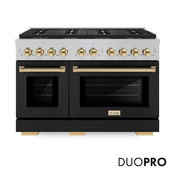 ZLINE Autograph Edition 48 in. 6.7 cu. ft. Paramount Dual Fuel Range with 8 Burner DuoProâ„¢ Cooktop and Dual Ovens in Satin Stainless Steel with Black Matte Doors and Polished Gold Accents (PSDRSZ-BLM48-G)