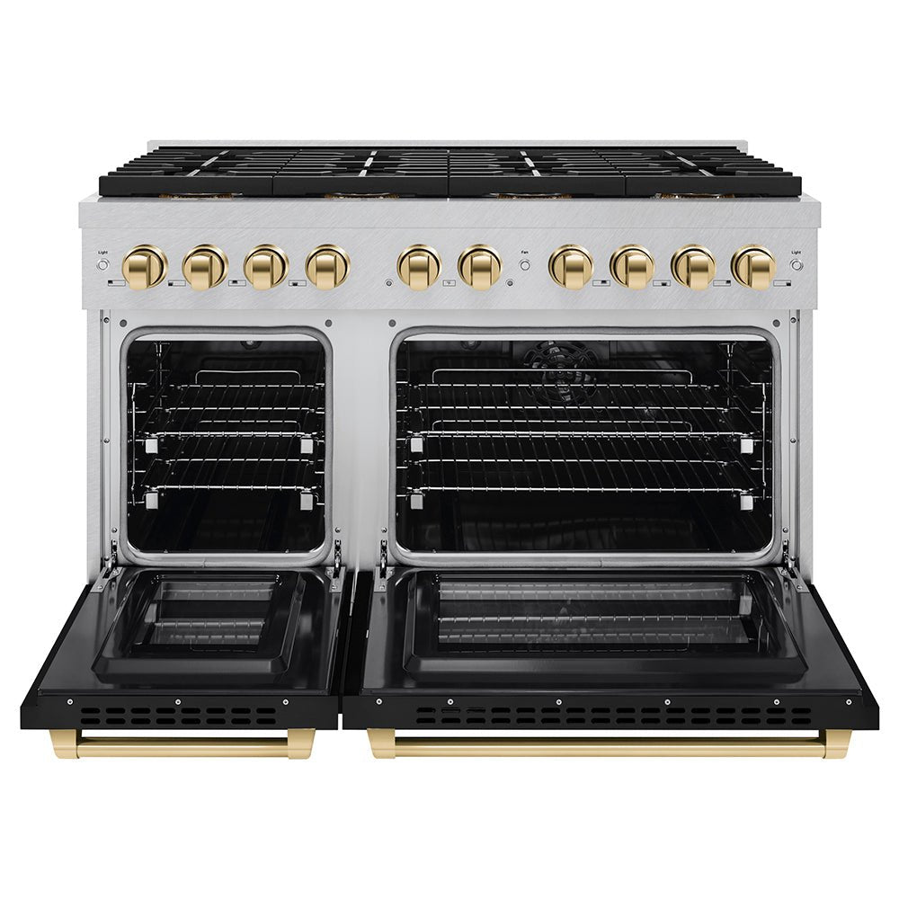 ZLINE Autograph Edition 48 in. 6.7 cu. ft. Paramount Dual Fuel Range with 8 Burner DuoProâ„¢ Cooktop and Dual Ovens in Satin Stainless Steel with Black Matte Doors and Polished Gold Accents (PSDRSZ-BLM48-G)