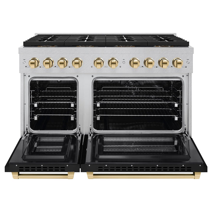 ZLINE Autograph Edition 48 in. 6.7 cu. ft. Paramount Dual Fuel Range with 8 Burner DuoProâ„¢ Cooktop and Dual Ovens in Satin Stainless Steel with Black Matte Doors and Polished Gold Accents (PSDRSZ-BLM48-G)