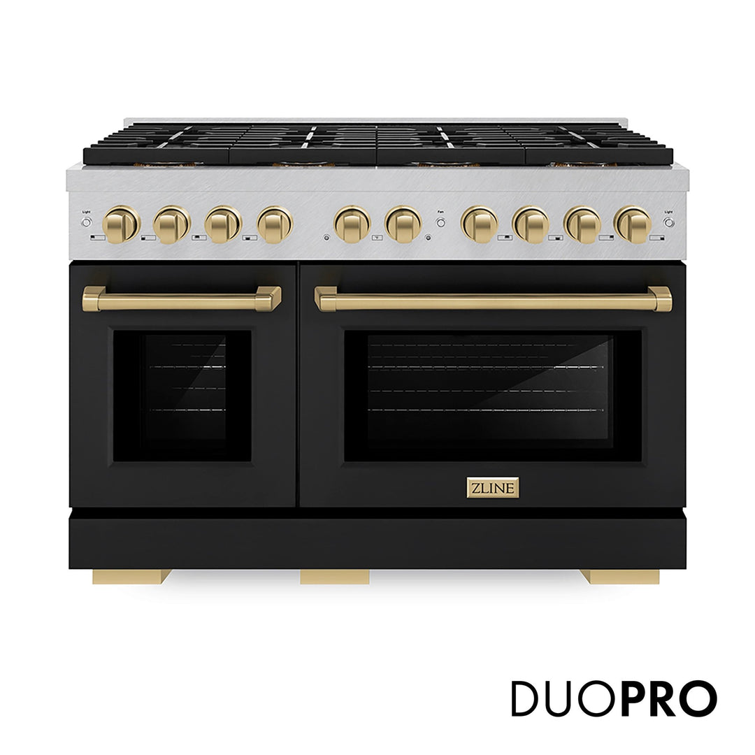 ZLINE Autograph Edition 48 in. 6.7 cu. ft. Paramount Dual Fuel Range with 8 Burner DuoProâ„¢ Cooktop and Dual Ovens in Satin Stainless Steel with Black Matte Doors and Champagne Bronze Accents (PSDRSZ-BLM48-CB)