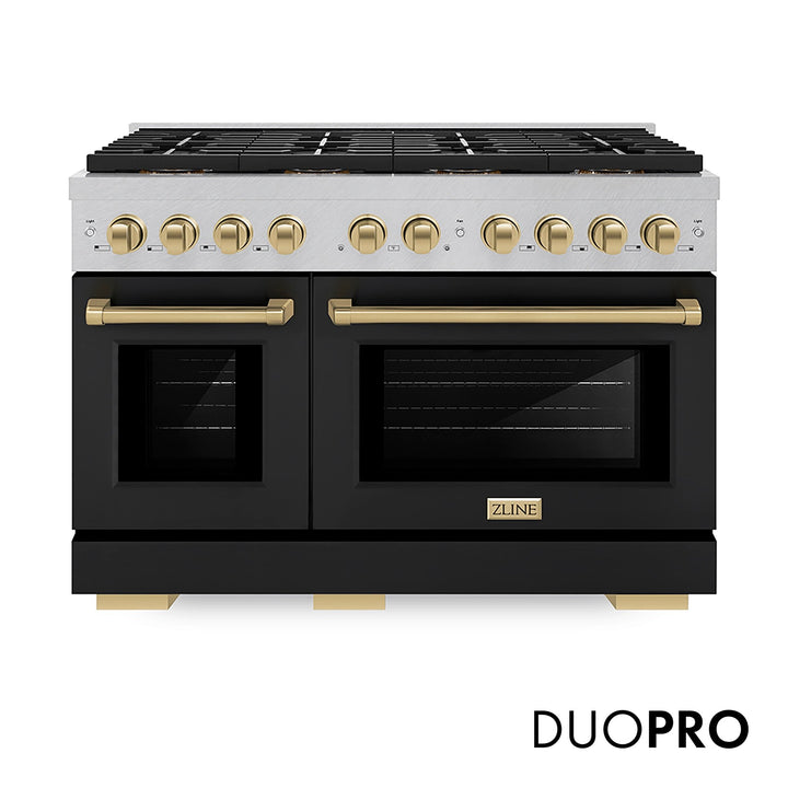 ZLINE Autograph Edition 48 in. 6.7 cu. ft. Paramount Dual Fuel Range with 8 Burner DuoProâ„¢ Cooktop and Dual Ovens in Satin Stainless Steel with Black Matte Doors and Champagne Bronze Accents (PSDRSZ-BLM48-CB)