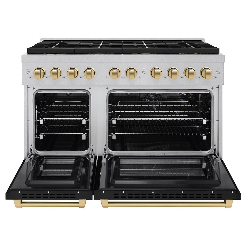 ZLINE Autograph Edition 48 in. 6.7 cu. ft. Paramount Dual Fuel Range with 8 Burner DuoProâ„¢ Cooktop and Dual Ovens in Satin Stainless Steel with Black Matte Doors and Champagne Bronze Accents (PSDRSZ-BLM48-CB)