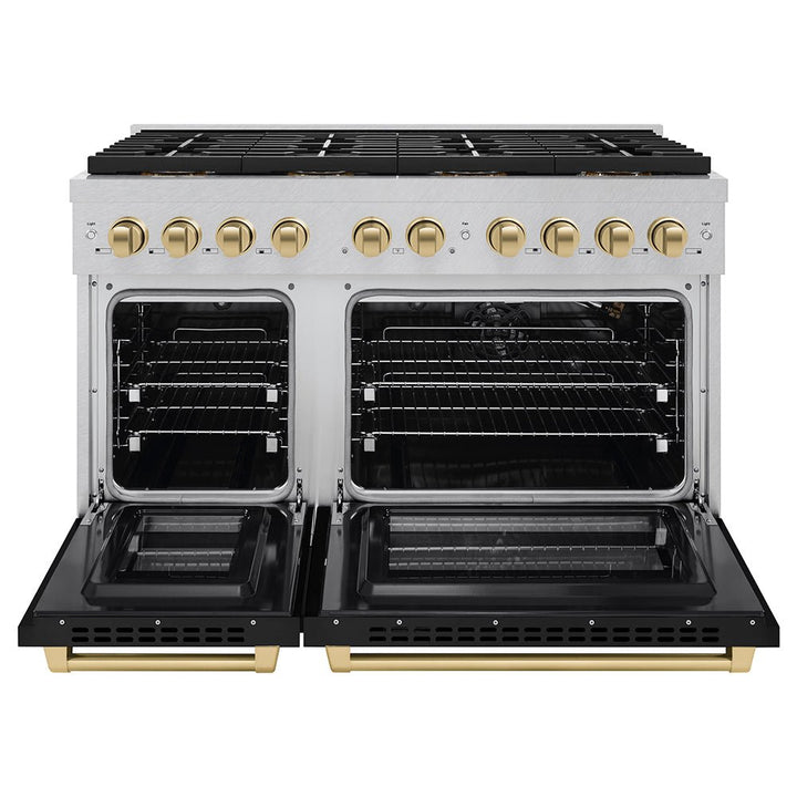 ZLINE Autograph Edition 48 in. 6.7 cu. ft. Paramount Dual Fuel Range with 8 Burner DuoProâ„¢ Cooktop and Dual Ovens in Satin Stainless Steel with Black Matte Doors and Champagne Bronze Accents (PSDRSZ-BLM48-CB)