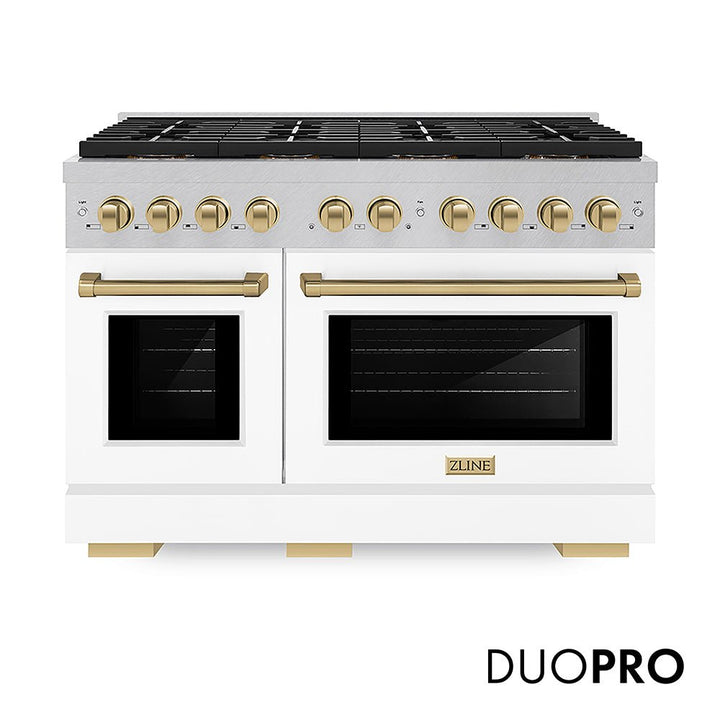 ZLINE Autograph Edition 48 in. 6.7 cu. ft. Paramount Dual Fuel Range with 8 Burner DuoProâ„¢ Cooktop and Dual Ovens in Satin Stainless Steel with White Matte Doors and Champagne Bronze Accents (PSDRSZ-WM-48-CB)