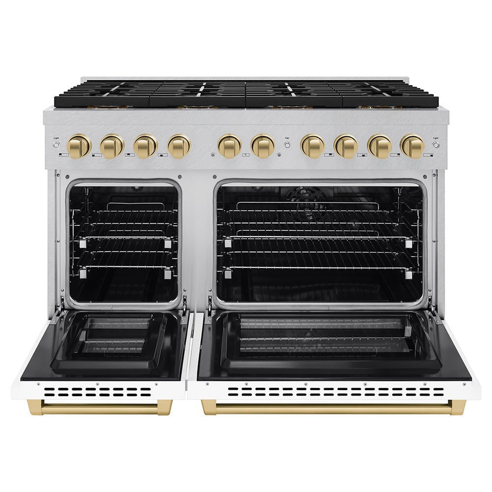 ZLINE Autograph Edition 48 in. 6.7 cu. ft. Paramount Dual Fuel Range with 8 Burner DuoProâ„¢ Cooktop and Dual Ovens in Satin Stainless Steel with White Matte Doors and Champagne Bronze Accents (PSDRSZ-WM-48-CB)