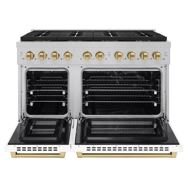 ZLINE Autograph Edition 48 in. 6.7 cu. ft. Paramount Dual Fuel Range with 8 Burner DuoProâ„¢ Cooktop and Dual Ovens in Satin Stainless Steel with White Matte Doors and Champagne Bronze Accents (PSDRSZ-WM-48-CB)