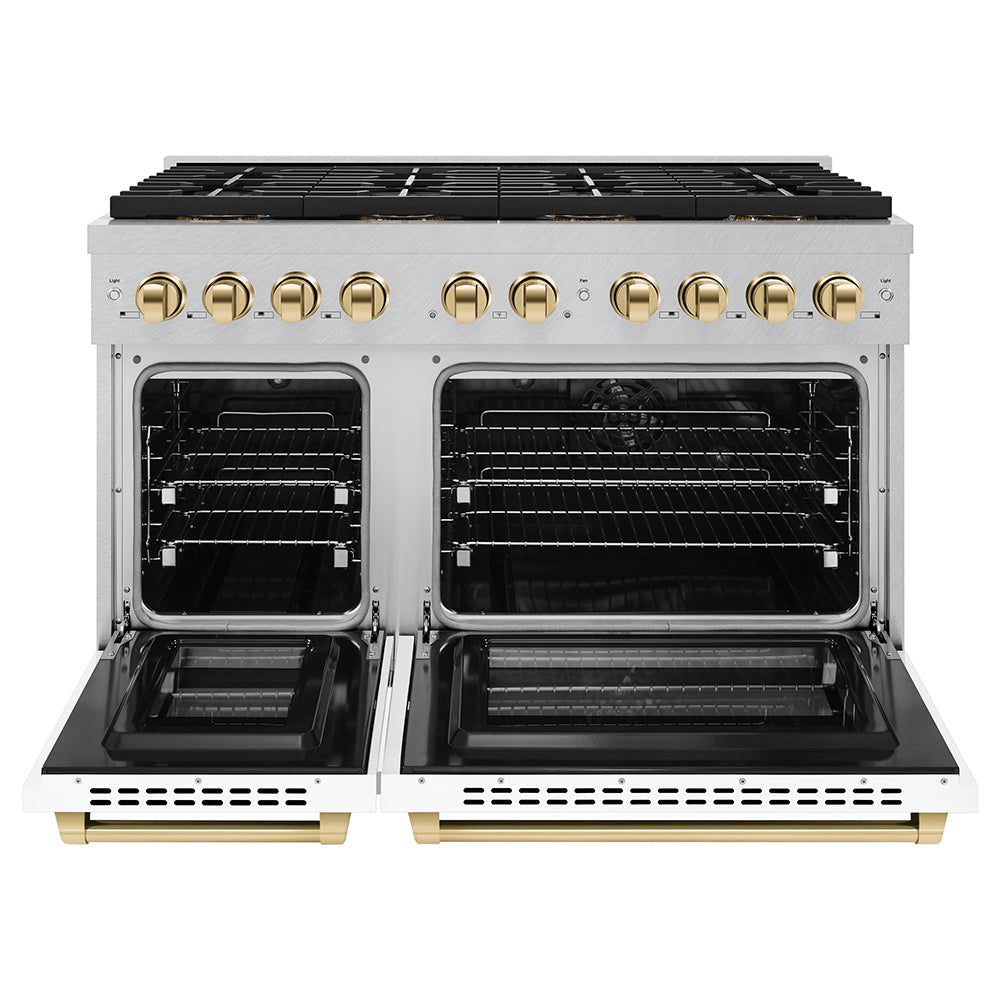 ZLINE Autograph Edition 48 in. 6.7 cu. ft. Paramount Dual Fuel Range with 8 Burner DuoProâ„¢ Cooktop and Dual Ovens in Satin Stainless Steel with White Matte Doors and Polished Gold Accents (PSDRSZ-WM-48-G)