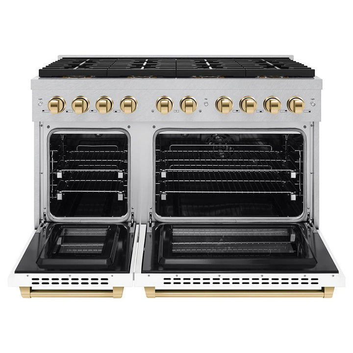 ZLINE Autograph Edition 48 in. 6.7 cu. ft. Paramount Dual Fuel Range with 8 Burner DuoProâ„¢ Cooktop and Dual Ovens in Satin Stainless Steel with White Matte Doors and Polished Gold Accents (PSDRSZ-WM-48-G)