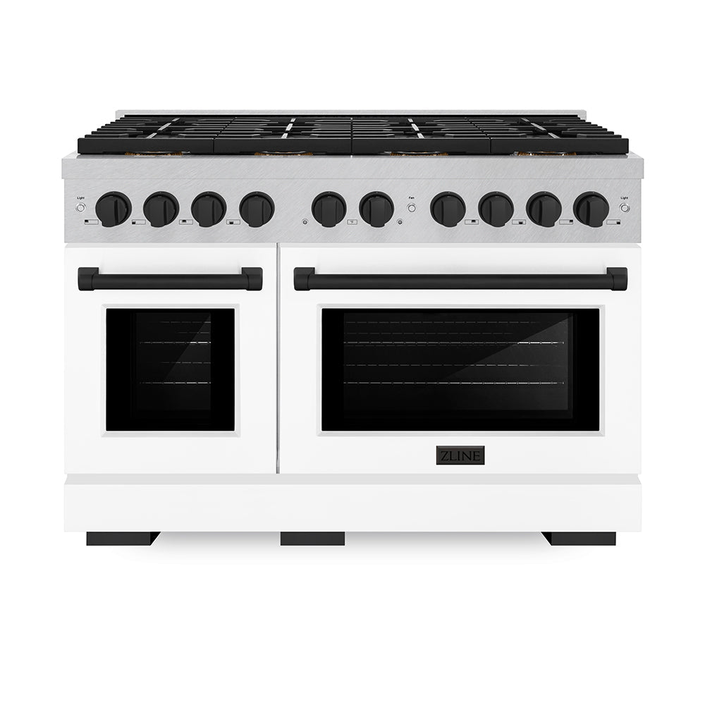 ZLINE Autograph Edition 48 in. 6.7 cu. ft. Paramount Dual Fuel Range with 8 Burner DuoProâ„¢ Cooktop and Dual Ovens in Satin Stainless Steel with White Matte Doors and Matte Black Accents (PSDRSZ-WM-48-MB)