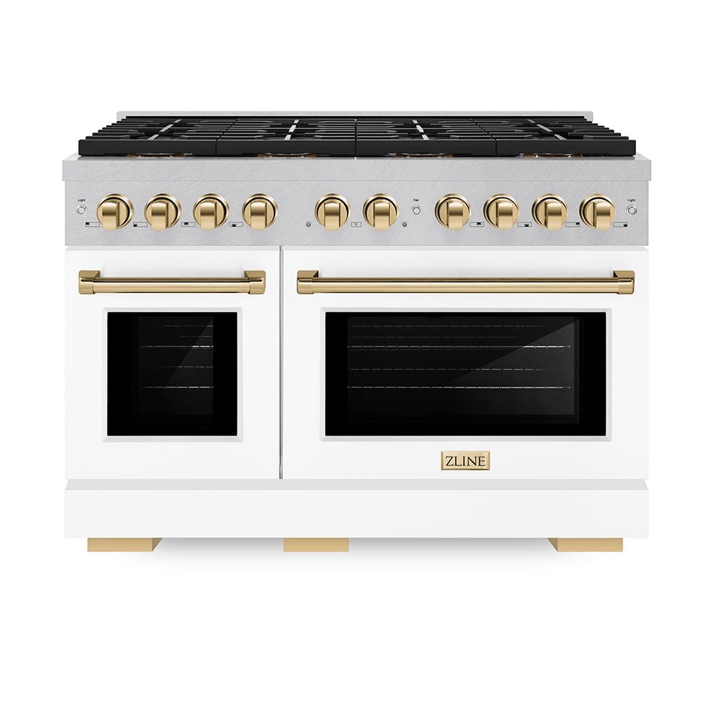 ZLINE Autograph Edition 48 in. 6.7 cu. ft. Paramount Dual Fuel Range with 8 Burner DuoProâ„¢ Cooktop and Dual Ovens in Satin Stainless Steel with White Matte Doors and Polished Gold Accents (PSDRSZ-WM-48-G)