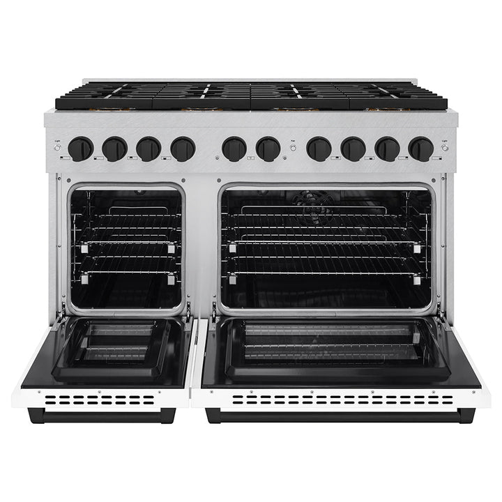 ZLINE Autograph Edition 48 in. 6.7 cu. ft. Paramount Dual Fuel Range with 8 Burner DuoProâ„¢ Cooktop and Dual Ovens in Satin Stainless Steel with White Matte Doors and Matte Black Accents (PSDRSZ-WM-48-MB)