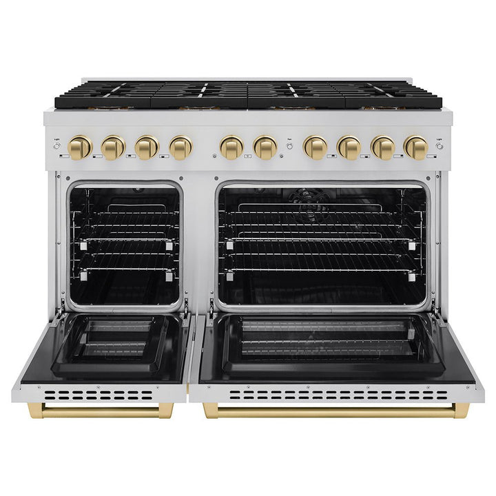 ZLINE Autograph Edition 48 in. 6.7 cu. ft. Paramount Dual Fuel Range with 8 Burner DuoProâ„¢ Cooktop and Dual Ovens in Stainless Steel and Champagne Bronze Accents (PSDRZ-48-CB)