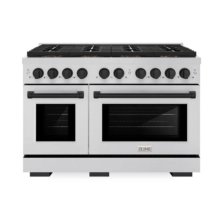 ZLINE Autograph Edition 48 in. 6.7 cu. ft. Paramount Dual Fuel Range with 8 Burner DuoProâ„¢ Cooktop and Dual Ovens in Stainless Steel and Matte Black Accents (PSDRZ-48-MB)