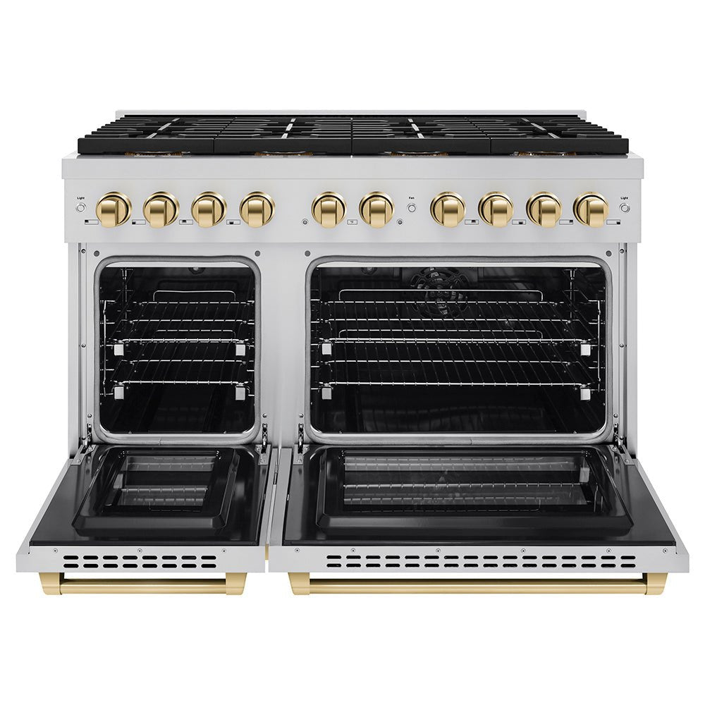 ZLINE Autograph Edition 48 in. 6.7 cu. ft. Paramount Dual Fuel Range with 8 Burner DuoProâ„¢ Cooktop and Dual Ovens in Stainless Steel and Polished Gold Accents (PSDRZ-48-G)