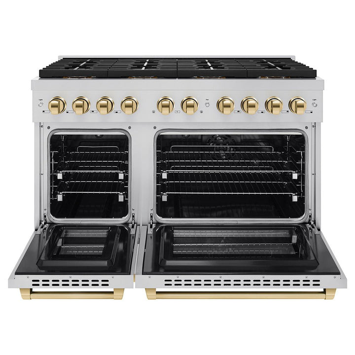 ZLINE Autograph Edition 48 in. 6.7 cu. ft. Paramount Dual Fuel Range with 8 Burner DuoProâ„¢ Cooktop and Dual Ovens in Stainless Steel and Polished Gold Accents (PSDRZ-48-G)
