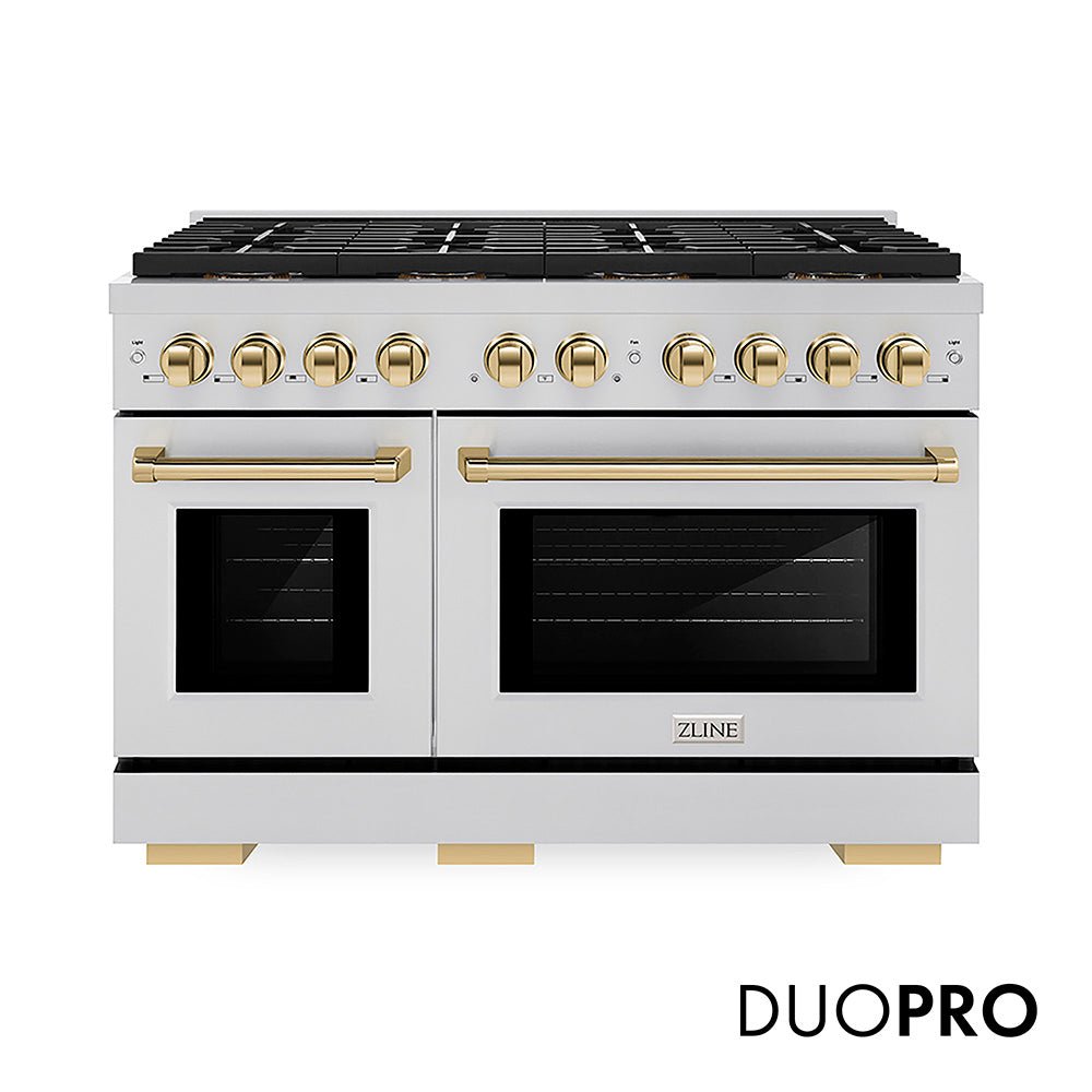 ZLINE Autograph Edition 48 in. 6.7 cu. ft. Paramount Dual Fuel Range with 8 Burner DuoProâ„¢ Cooktop and Dual Ovens in Stainless Steel and Polished Gold Accents (PSDRZ-48-G)