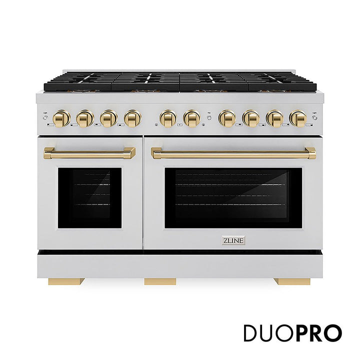 ZLINE Autograph Edition 48 in. 6.7 cu. ft. Paramount Dual Fuel Range with 8 Burner DuoProâ„¢ Cooktop and Dual Ovens in Stainless Steel and Polished Gold Accents (PSDRZ-48-G)