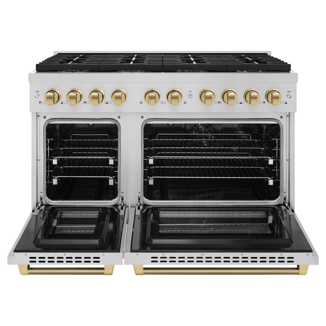 ZLINE Autograph Edition 48 in. 6.7 cu. ft. Paramount Dual Fuel Range with 8 Burner DuoProâ„¢ Cooktop and Dual Ovens in Stainless Steel with Champagne Bronze Helix Handles and Accents (PSDRZ-48-KCB)