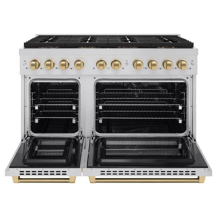ZLINE Autograph Edition 48 in. 6.7 cu. ft. Paramount Dual Fuel Range with 8 Burner DuoProâ„¢ Cooktop and Dual Ovens in Stainless Steel with Champagne Bronze Helix Handles and Accents (PSDRZ-48-KCB)