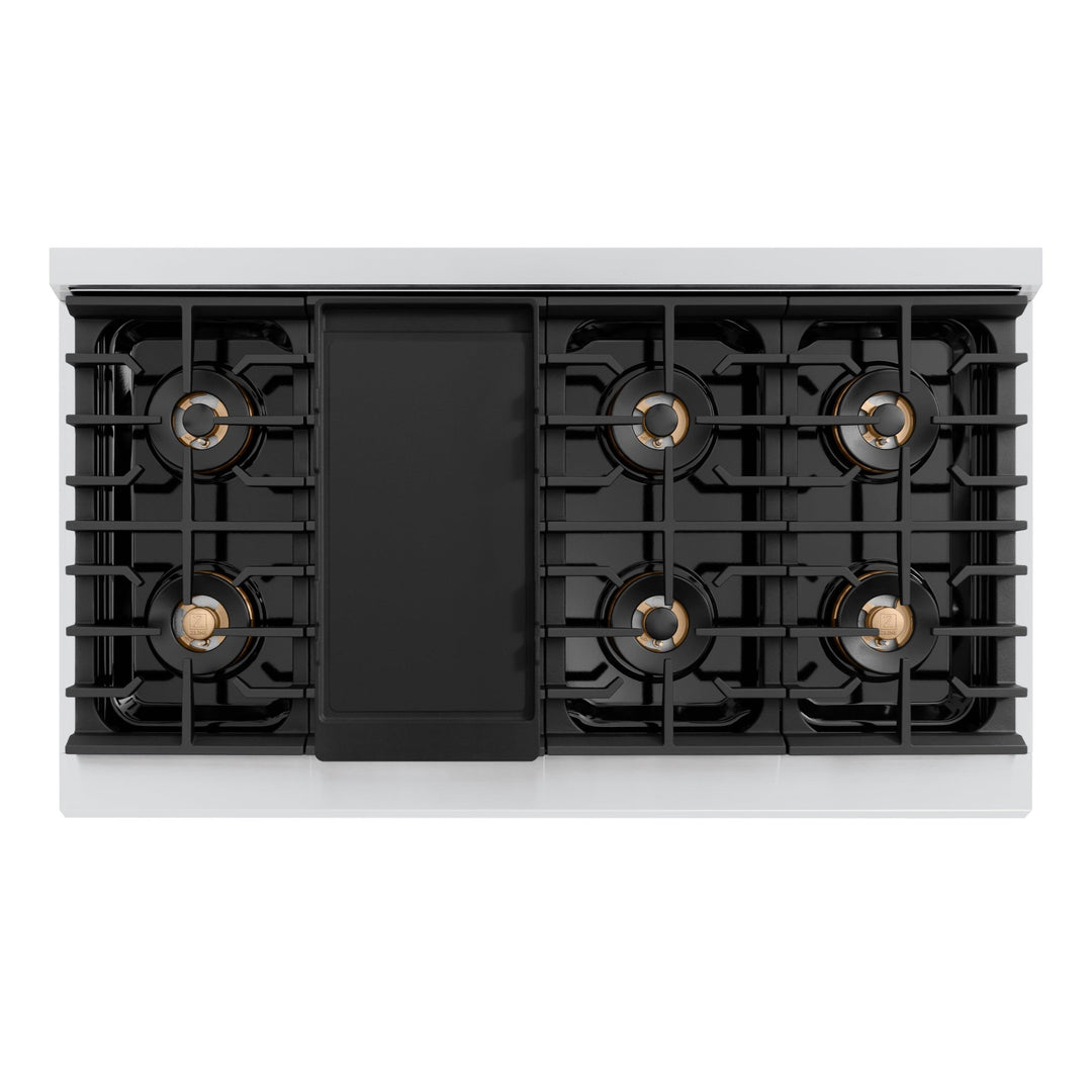 ZLINE Autograph Edition 48 in. 6.7 cu. ft. Paramount Dual Fuel Range with 8 Burner DuoProâ„¢ Cooktop and Dual Ovens in Stainless Steel with Champagne Bronze Helix Handles and Accents (PSDRZ-48-KCB)