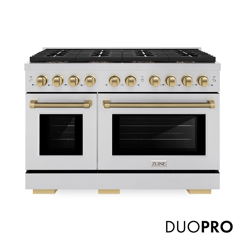 ZLINE Autograph Edition 48 in. 6.7 cu. ft. Paramount Dual Fuel Range with 8 Burner DuoProâ„¢ Cooktop and Dual Ovens in Stainless Steel with Champagne Bronze Helix Handles and Accents (PSDRZ-48-KCB)