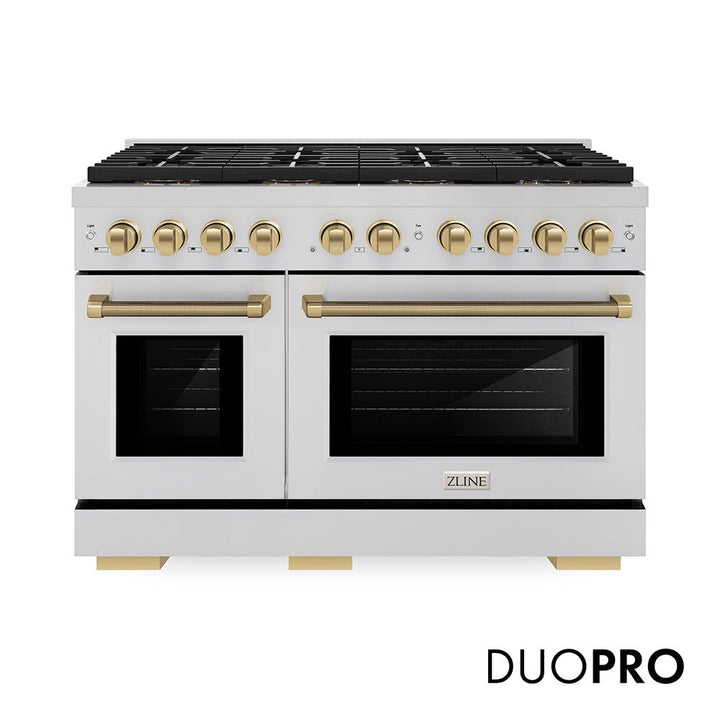 ZLINE Autograph Edition 48 in. 6.7 cu. ft. Paramount Dual Fuel Range with 8 Burner DuoProâ„¢ Cooktop and Dual Ovens in Stainless Steel with Champagne Bronze Helix Handles and Accents (PSDRZ-48-KCB)