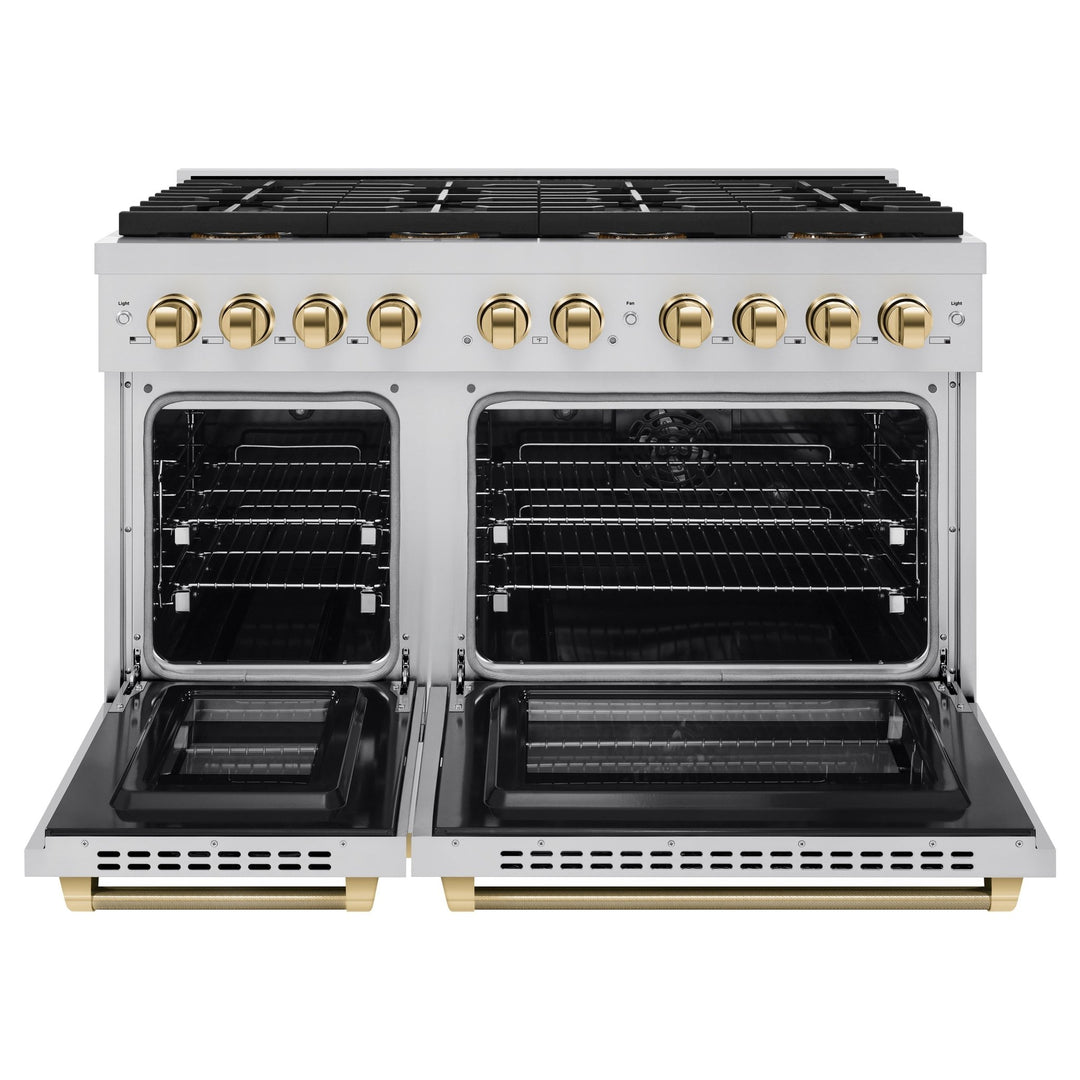 ZLINE Autograph Edition 48 in. 6.7 cu. ft. Paramount Dual Fuel Range with 8 Burner DuoProâ„¢ Cooktop and Dual Ovens in Stainless Steel with Polished Gold Helix Handles and Accents (PSDRZ-48-KG)
