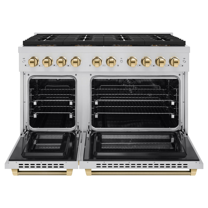 ZLINE Autograph Edition 48 in. 6.7 cu. ft. Paramount Dual Fuel Range with 8 Burner DuoProâ„¢ Cooktop and Dual Ovens in Stainless Steel with Polished Gold Helix Handles and Accents (PSDRZ-48-KG)