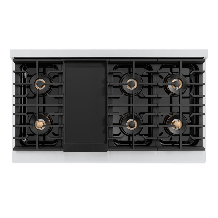 ZLINE Autograph Edition 48 in. 6.7 cu. ft. Paramount Dual Fuel Range with 8 Burner DuoProâ„¢ Cooktop and Dual Ovens in Stainless Steel with Polished Gold Helix Handles and Accents (PSDRZ-48-KG)