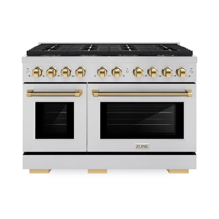 ZLINE Autograph Edition 48 in. 6.7 cu. ft. Paramount Dual Fuel Range with 8 Burner DuoProâ„¢ Cooktop and Dual Ovens in Stainless Steel with Polished Gold Helix Handles and Accents (PSDRZ-48-KG)